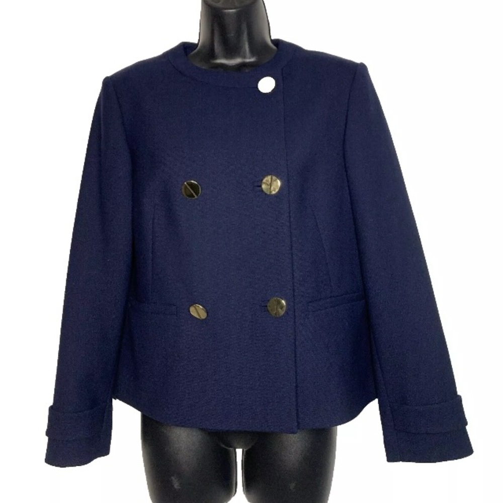 LK Bennett 8 bay blue double breasted jacket Sloane wool bl gold buttons new